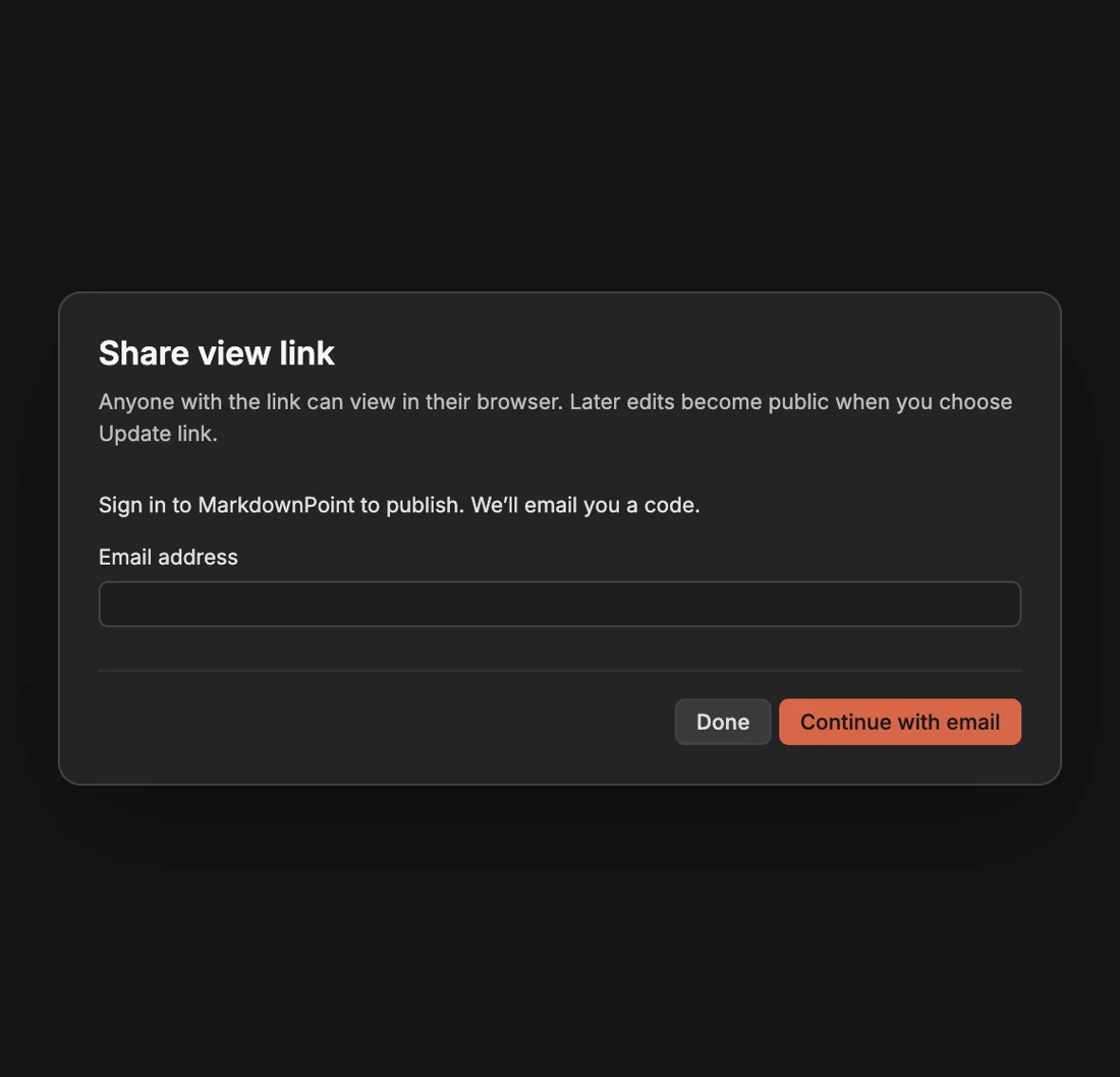 Share view link: anyone with the link can view in their browser; to publish, you sign in to MarkdownPoint with an emailed code.